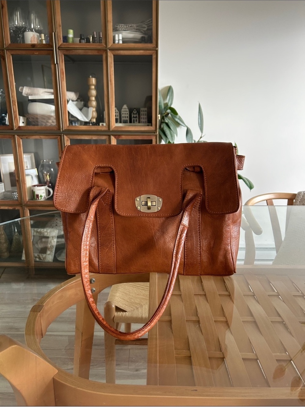 Cognac Brown Genuine Leather Satchel Tote Handbag